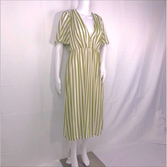 SMY MuMu Cream Olive Green Stripes V-Neck Short Sleeves Midi Dress SzM NWT - Picture 1 of 16